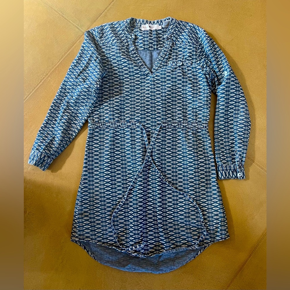 Blue Patterned V-Neck Long Sleeve Dress